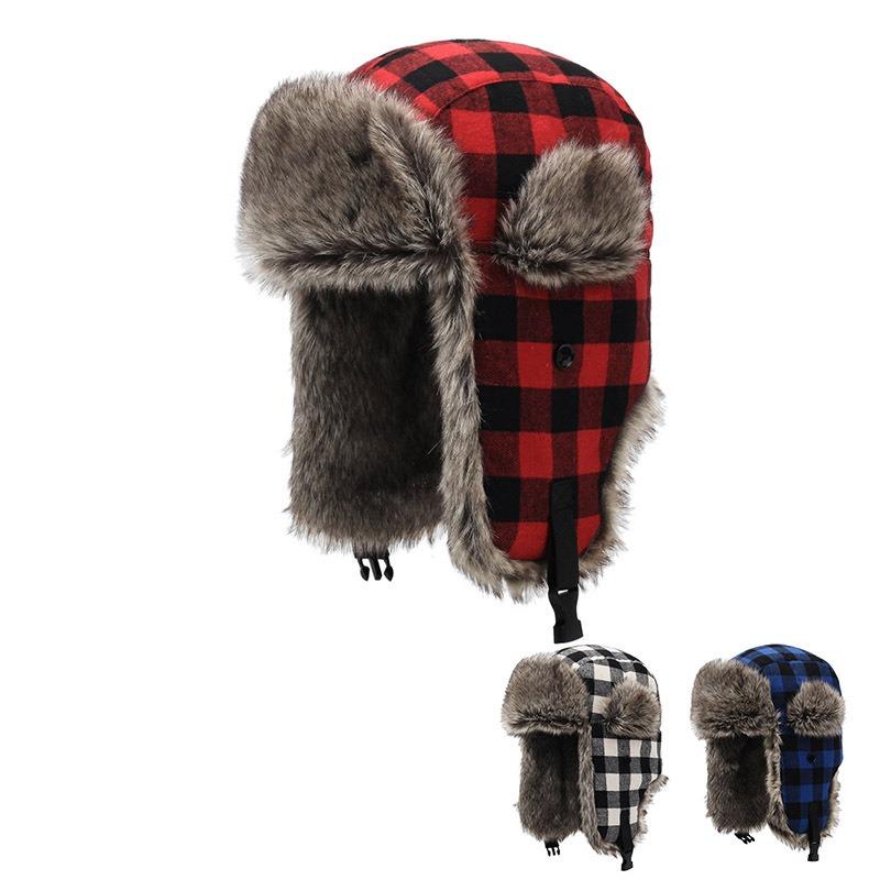 New plaid polyester cotton three-color wool supply thickened warm hat winter ear protection hat plush cap