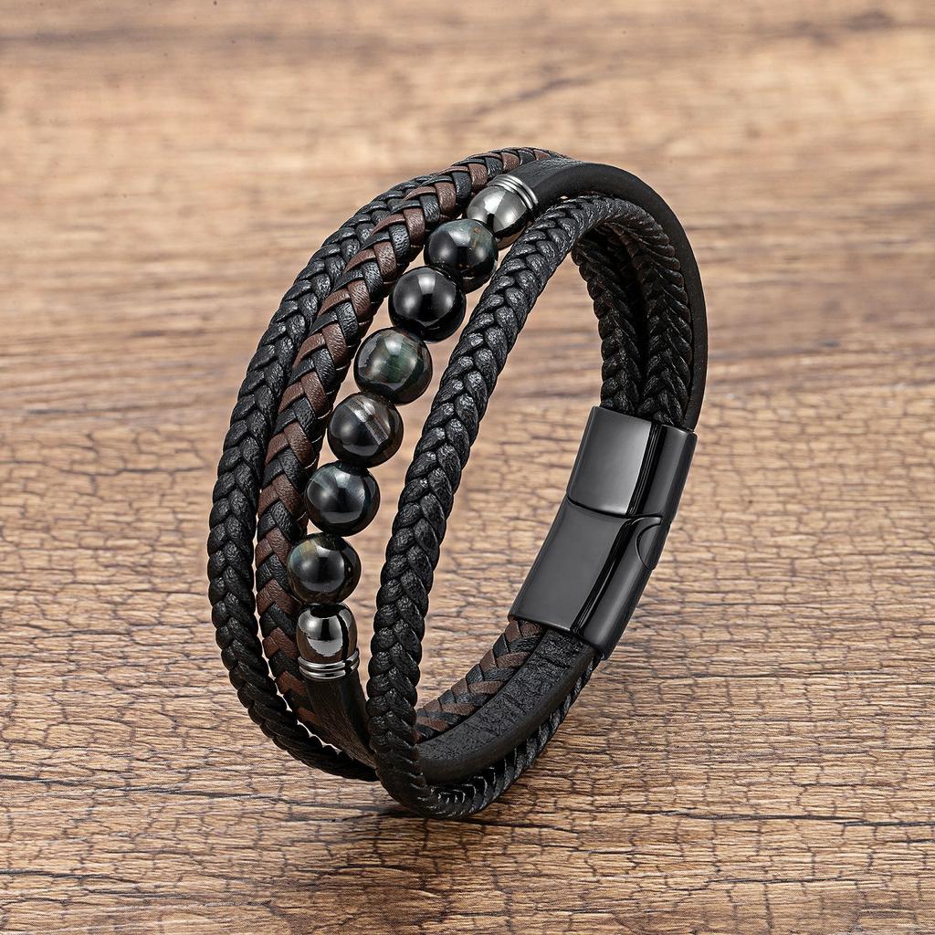 2026 European and American Buckle Fashion Jewelry Multi-layer Leather Rope Hand-woven Bracelet Stone Bracelet
