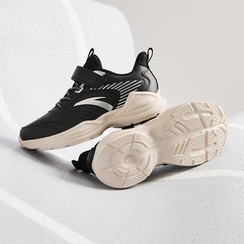 ANTA Boys Cushioned Velcro Strap Casual Sneakers Black Silver Off White A12435522N-2
