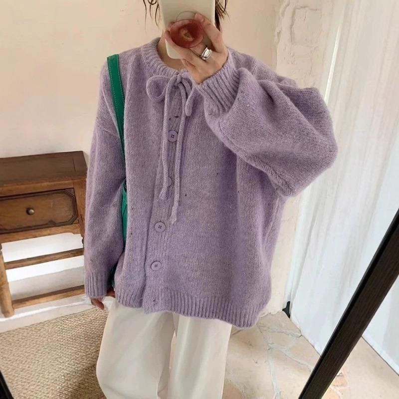 Gentle wind crew neck knitted cardigan autumn and winter new loose casual versatile and thin lazy wind sweater jacket