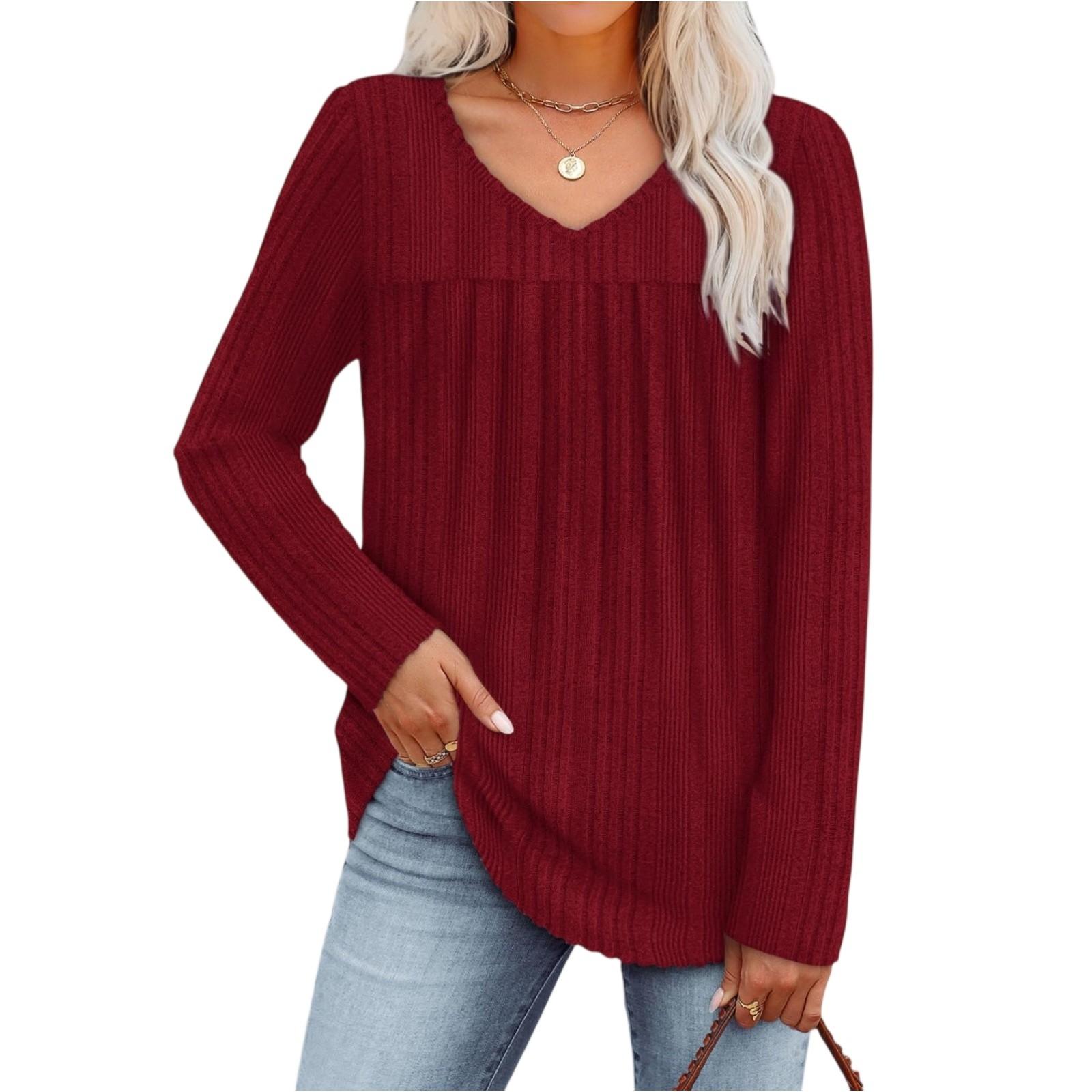 

Women s Fashionable Long-sleeved Pullover Solid-color Top XL винный