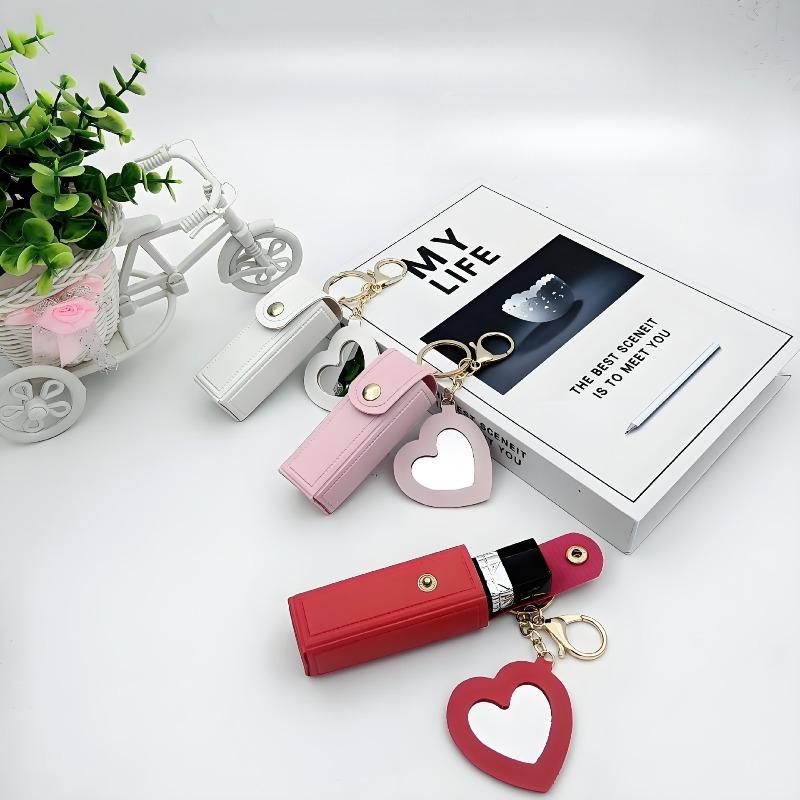 Portable Lipstick Case with Mirror, Heart Keychain Cosmetic Bag for Purse, Cute Lip Gloss Protector Pouch
