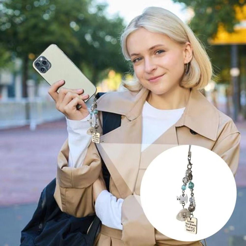 5PCS Imitation Pearl Beaded Cat Pendant Glass Bead Shell Pearl Phone Lanyard Fashion Keyring Beach