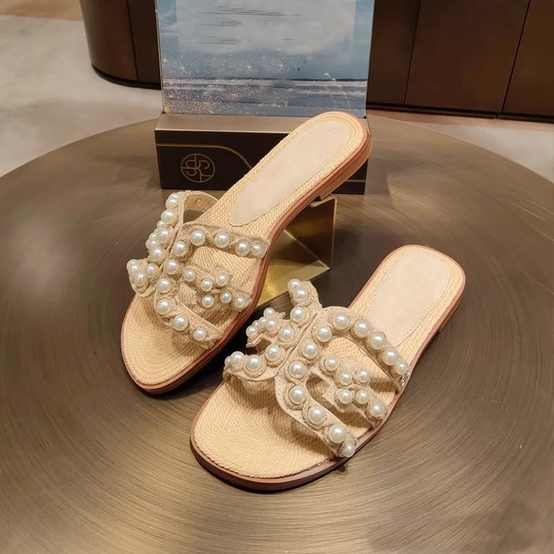 High-end sheepskin version~ Yu Shuxin's same pearl shell straw-woven flat-bottomed slippers for women to wear French sandals new