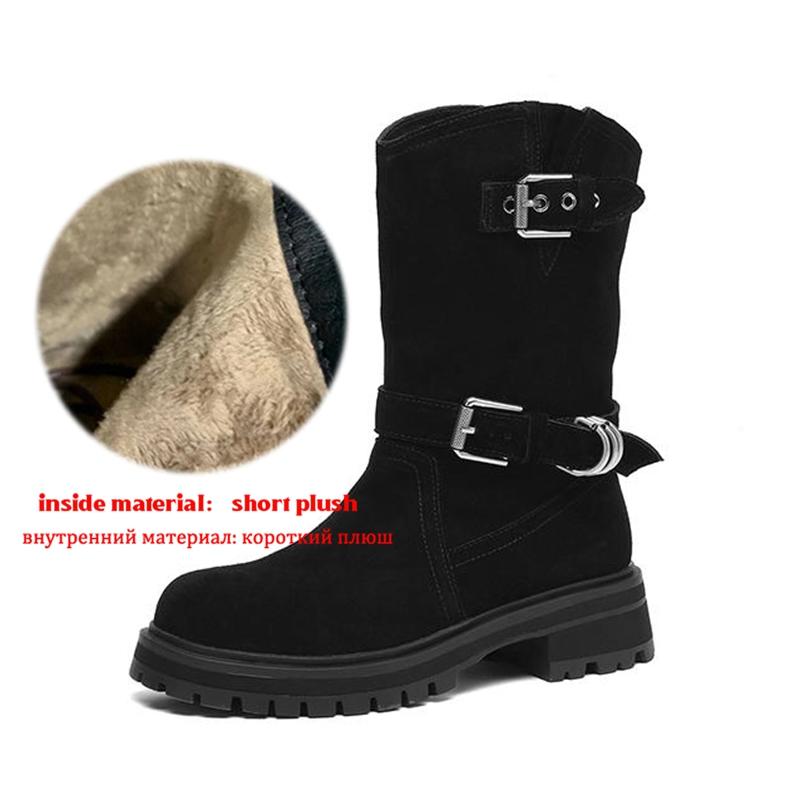 

Krazing Pot Cow Suede Nubuck Winter Round Toe Western Boots Med Heels Metal Buckle Women British School Mid-calf Boots 42