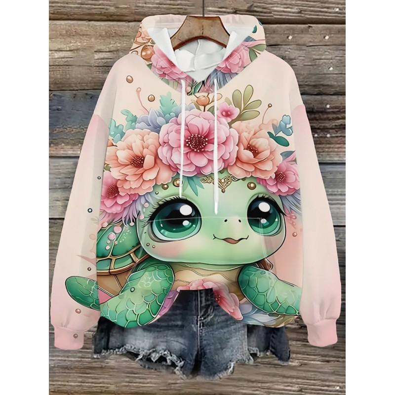 Womens Oversized Hooded Sweatshirt With Cartoon Animal Print Casual Streetwear Top Fall 2025