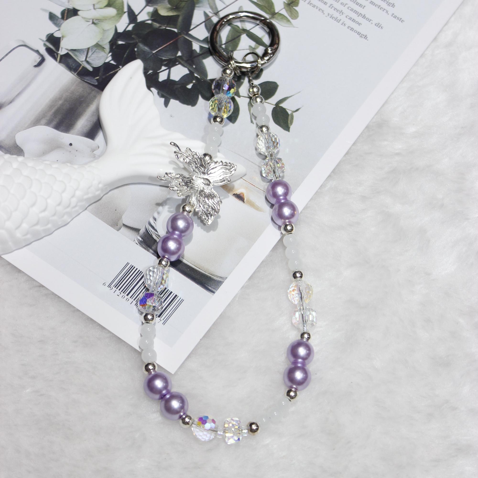 

Bead Phone Lanyard Short 26cm Butterfly Hand Wrist Strap Phone Chain Strings Purple
