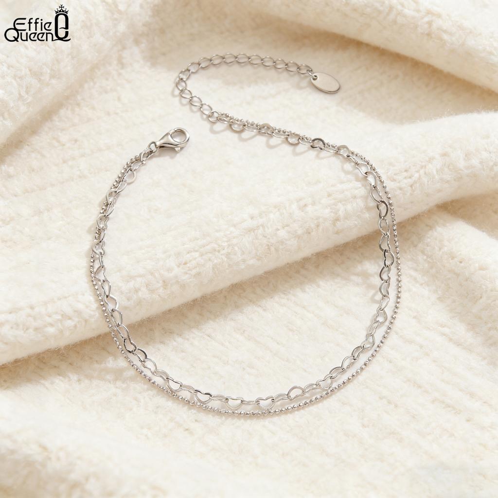 EFFIE QUEEN 925 Pure Silver 14k Gold Heart Shaped Beads Ball Chain Anklet Romantic Jewelry for Women Summer Beach Banquet SA66