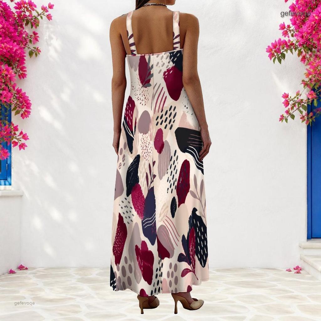 Women Plus Size Scoop Neck Strappy Sleeveless Geometric Printed A Line Long Dress