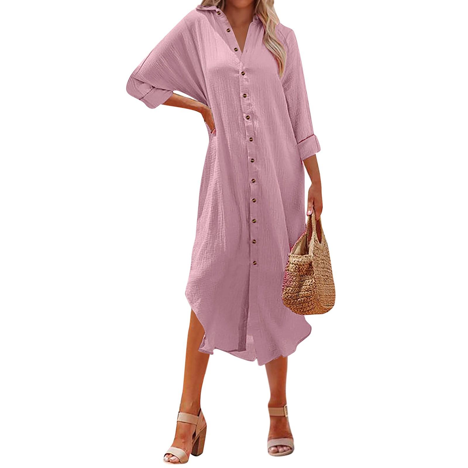 

Женская зимняя однотонная повседневная рубашка с длинным рукавом и V-образным вырезом, свободные платья-рубашки XL розовый