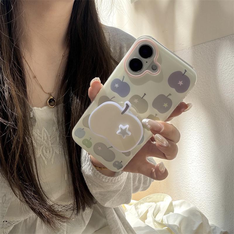 Cute Pastel Apple Print Phone Case For iPhone 17 16 15 14 Pro Max Kawaii Star Grip Stand Protective Cover for Girls