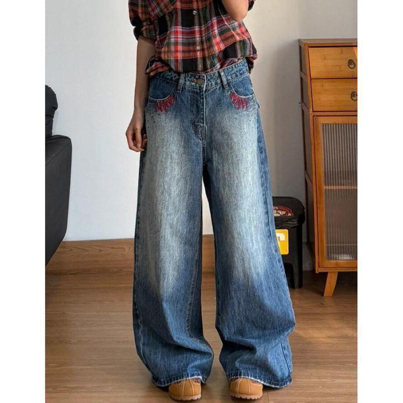 Women s Plus Size Retro Rhinestone Embroidered Wide-Leg Jeans Medium