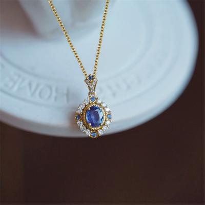 Vintage Dames Blauwe Ronde Zirkoon Steen Hanger Ketting Uniek Gouden Kleur Bruiloft Sieraden Voor Vrouwen