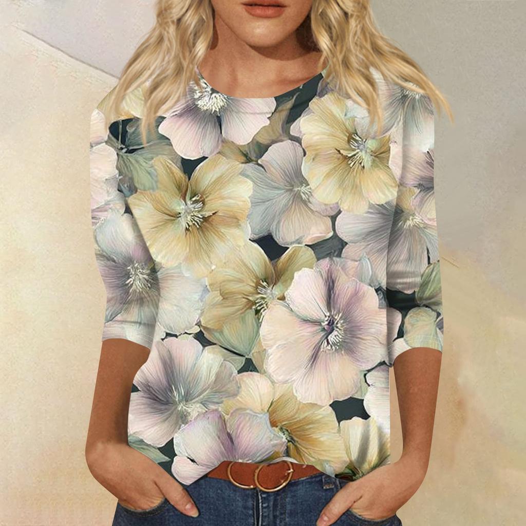 Women's Fashion Casual Round Neck Three Quarter Sleeve Printed T-Shirt Top
