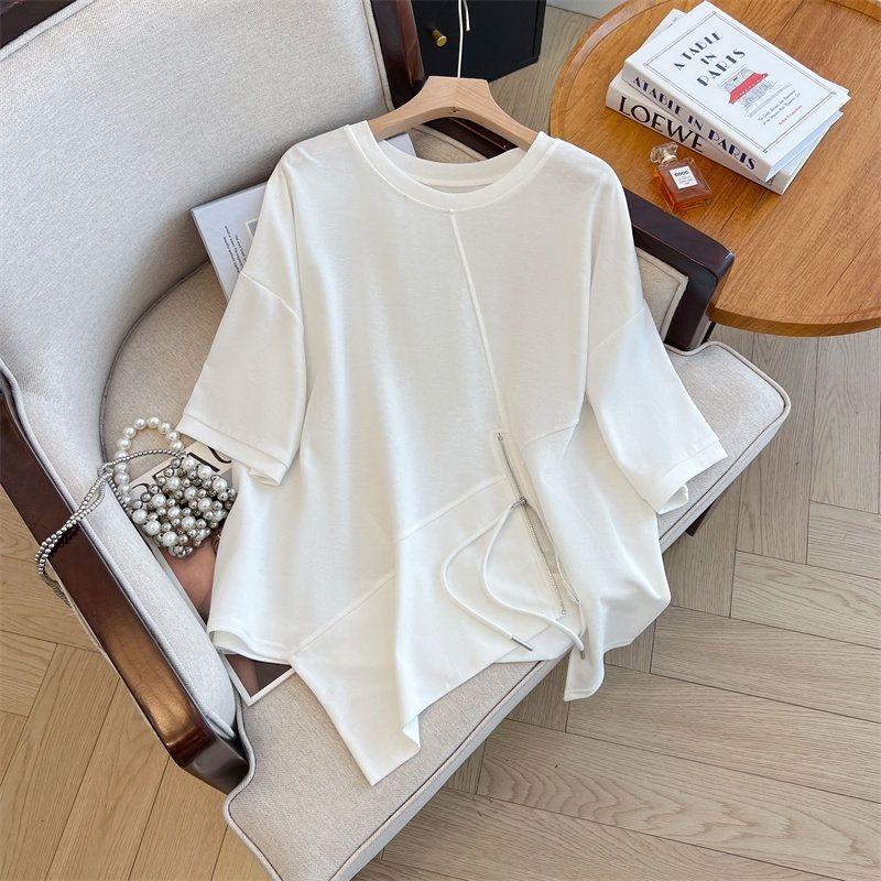 Round Neck Irregular Zipper Slit Top for Women with Summer Temperament