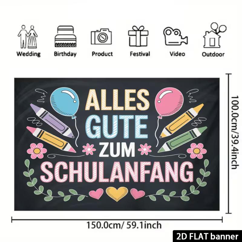 2D Alles Gute zum Schulanfang Backdrop, Chalkboard Style First Day of School Photography Background