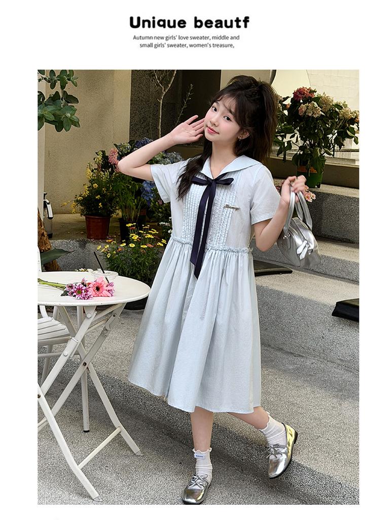 Girls' College Style Dress 2026 Summer New Navy Collar Strap Waist Skirt Western Short Sleeve Princess Dress