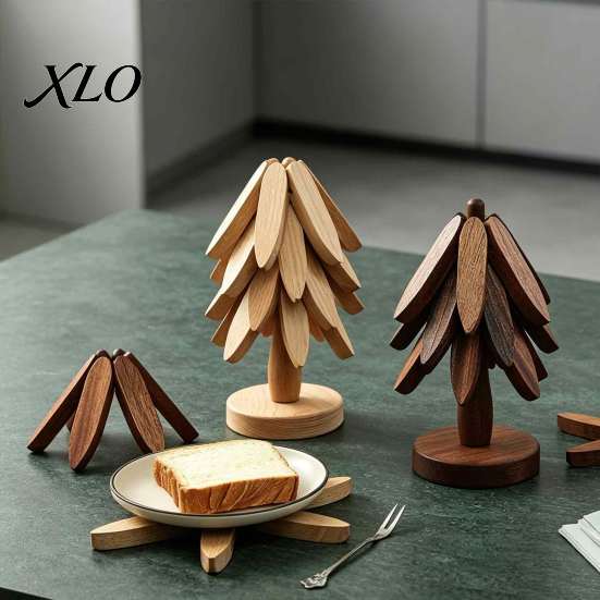 Folding Wooden Potholder Collapsible Trivets for Hot Dishes, Christmas Tree Shaped Pot Mat Table, Wood Heat Eco Friendly Kitchen Accessory Resistant