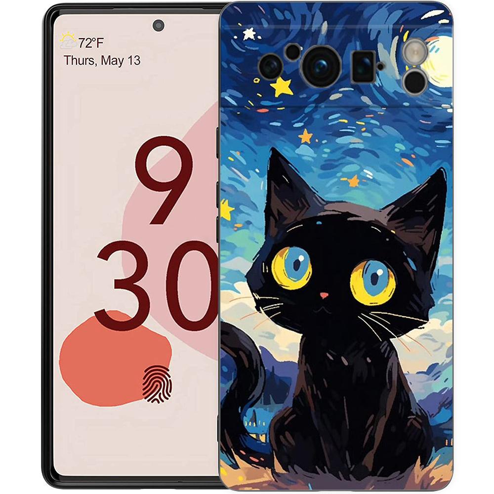 Artistic Black Cat Starry Night Phone Case For Google Pixel 9 8 7 6 Pro XL 8A 7A 6A TPU Shell Soft Shockproof Black Cover