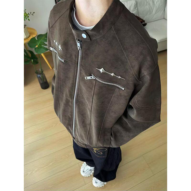 Унисекс ретро куртка из ПУ кожи: Осенне-зимний стиль Харрингтон с воротником-стойкой – Универсальная корейская рабочая одежда 2XL