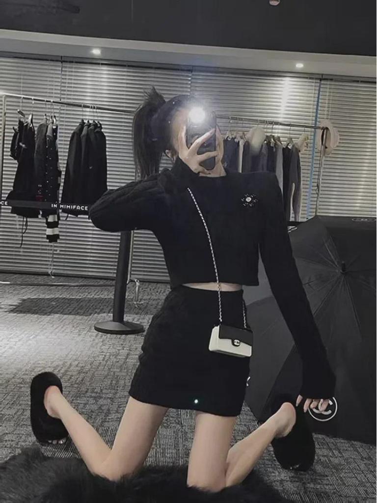 Women's Cable Knit Sweater & Skirt Set - Slim Fit Long Sleeve Top with High Waist Short Skirt