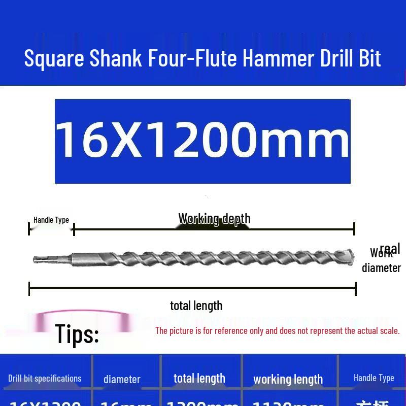 Extended Electric Hammer Drill Bit, Square & Round Shank, for Concrete Piercing - Available in 500mm to 2m Lengths