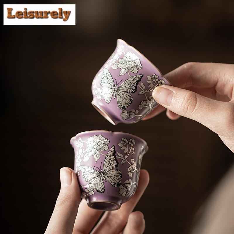 Gilt Silver Butterfly Flower Gift Box Teacup Zen Tea Bowl Sample Tea Cup Tea-tasting Personal Cup Chazhan Master Cups Teaware