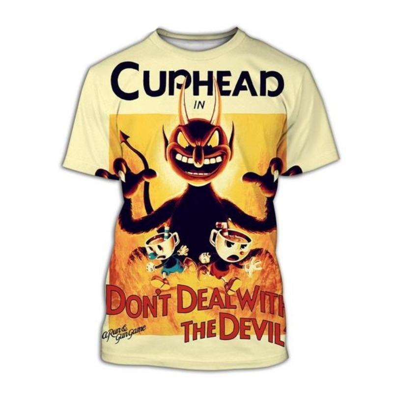 2025 Cuphead 3D printed men's casual summer fashion round neck fun T-shirt suitable for both men and women short sleeved top siz