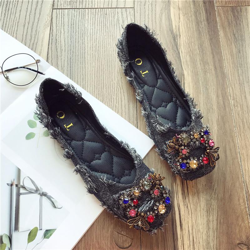 Autumn Fashionable All-match Rhinestone Square Buckle Square Toe Cloth Flat Heel Single Shoes Women's Soft Sole Moccasins