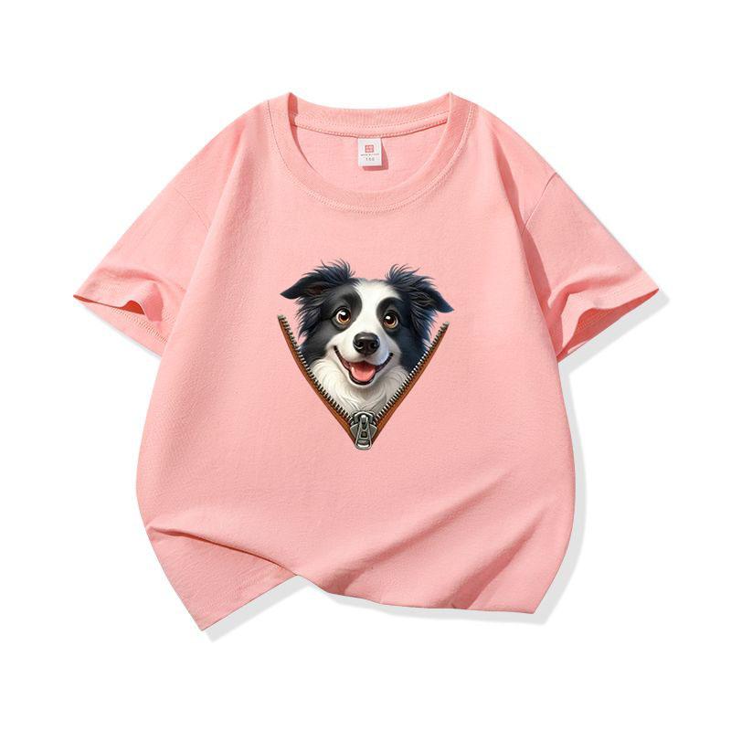Kids Cotton T Shirt Adorable Collie Dog Zipper Print Crew Neck Short Sleeve Tee Casual Breathable Boys Girls Summer Tops