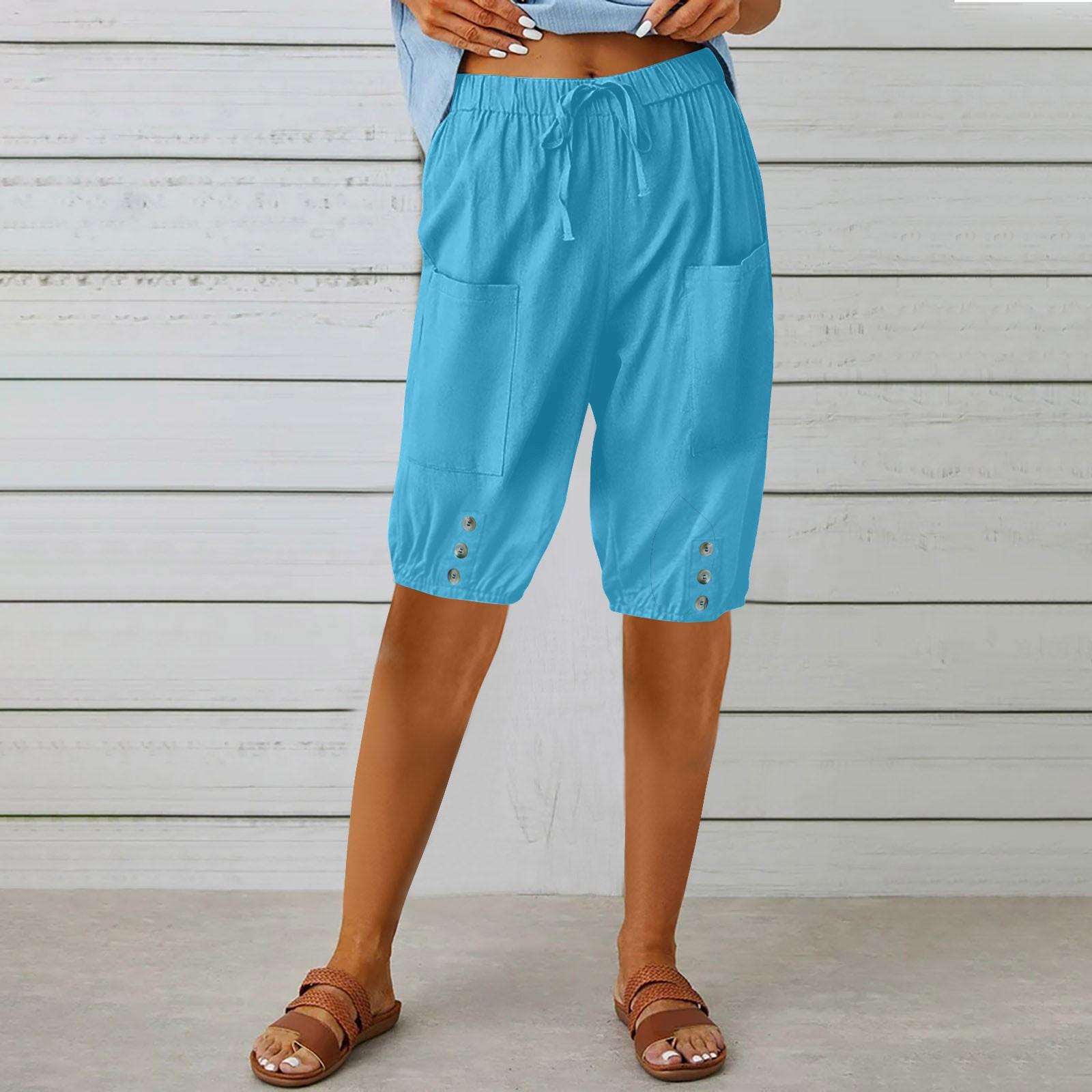 

Брюки-капри для женщин, льняные полубрюки с высокой талией, повседневные шорты до колена на шнурке с карманами XXXL небесно-голубой