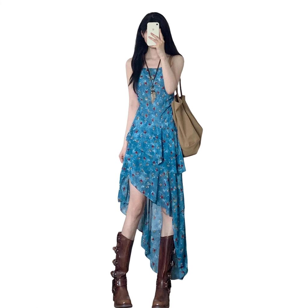 Retro Floral Spaghetti Strap Summer Dress for Women - Irregular, Waist-Cinching A-Line Design