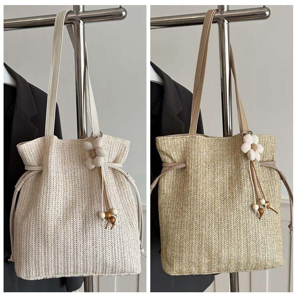 Sweet Straw Woven Tote Bag Large Capacity Magnetic Buckle Commuting Shoulder Bag Lightweight Solid Color