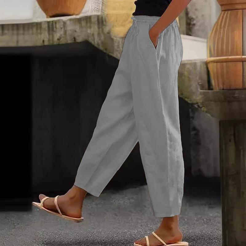 Spring Autumn Women's Pants Cotton Linen Solid Color Fashion Daily Side Pocket Elastic Casual Pants Women's Pants