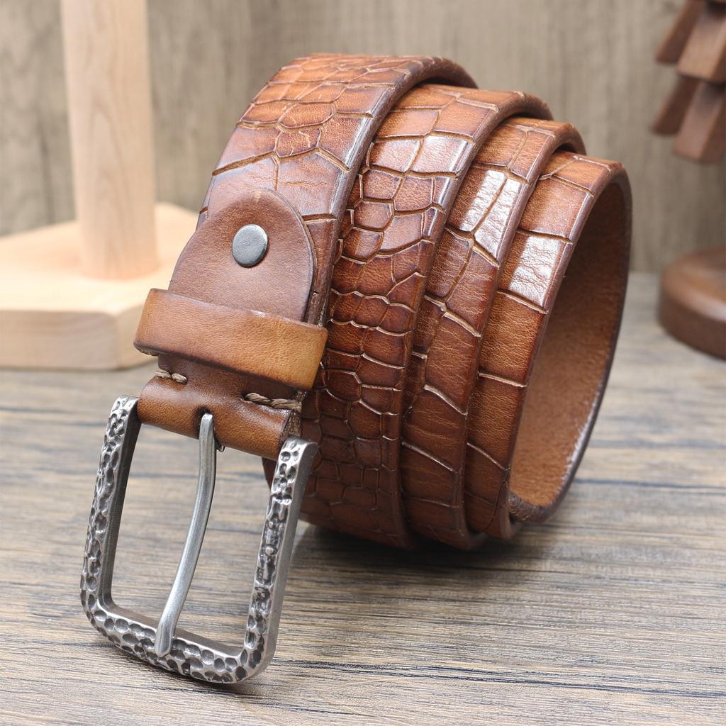 Retro Crocodile Pattern Versatile Pleated Top Layer Belt, Men's Genuine Leather Trendy Pin Buckle Pure Cowhide Middle-aged and Young Belt