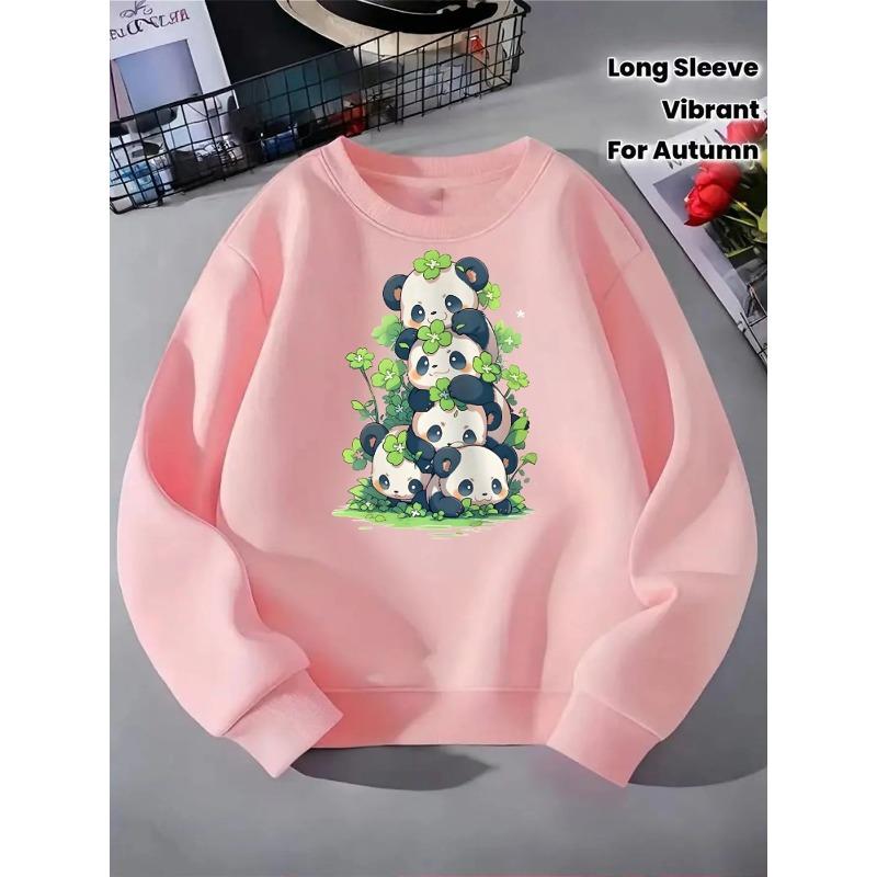 European sizes Cute Panda Clover Stack Girls' Fashionable Crewneck Sweatshirt, Western Style Top, Children's Long Sleeved Casual T-Shirt