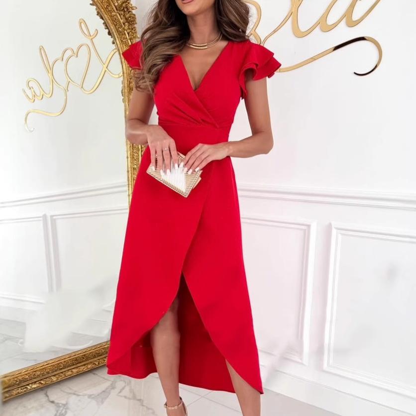 

Летние новые темпераментные пригородные однотонные модные платья с V-образным вырезом и оборками на рукавах 2XL