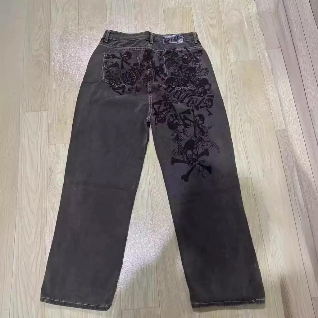 Jeans con stampa vintage Harajuku americani Y2K da donna, pantaloni dritti grigi lavati, pantaloni larghi unisex, stile gotico da strada, marea