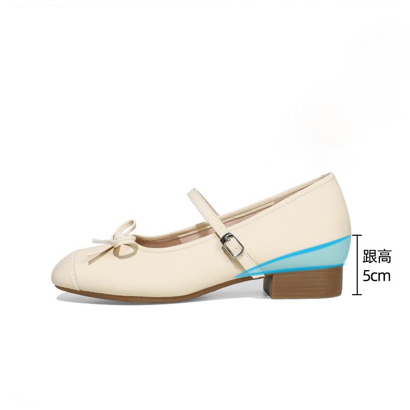 Fashion 2025 New Fashion Inside Heightened Bow Mary Jane Shoes Women's Square-Toe Shallow-Mouth Leather Summer Single Shoes