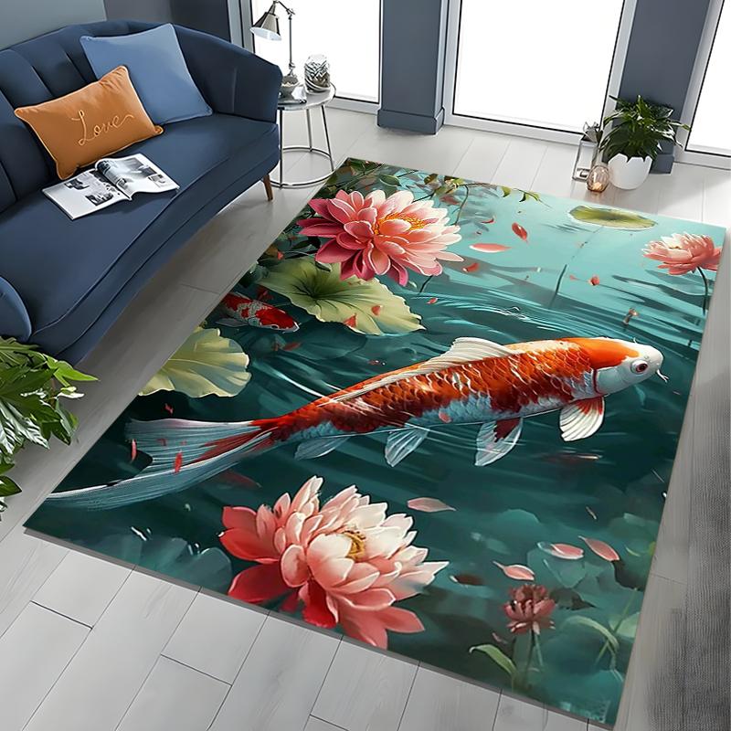 2026 New Retro Koi Fish Lotus 3D Carpet Rug for Bedroom Living Room Sofa Home Doormat Decor,Large Kids Play Non-slip Floor Mat