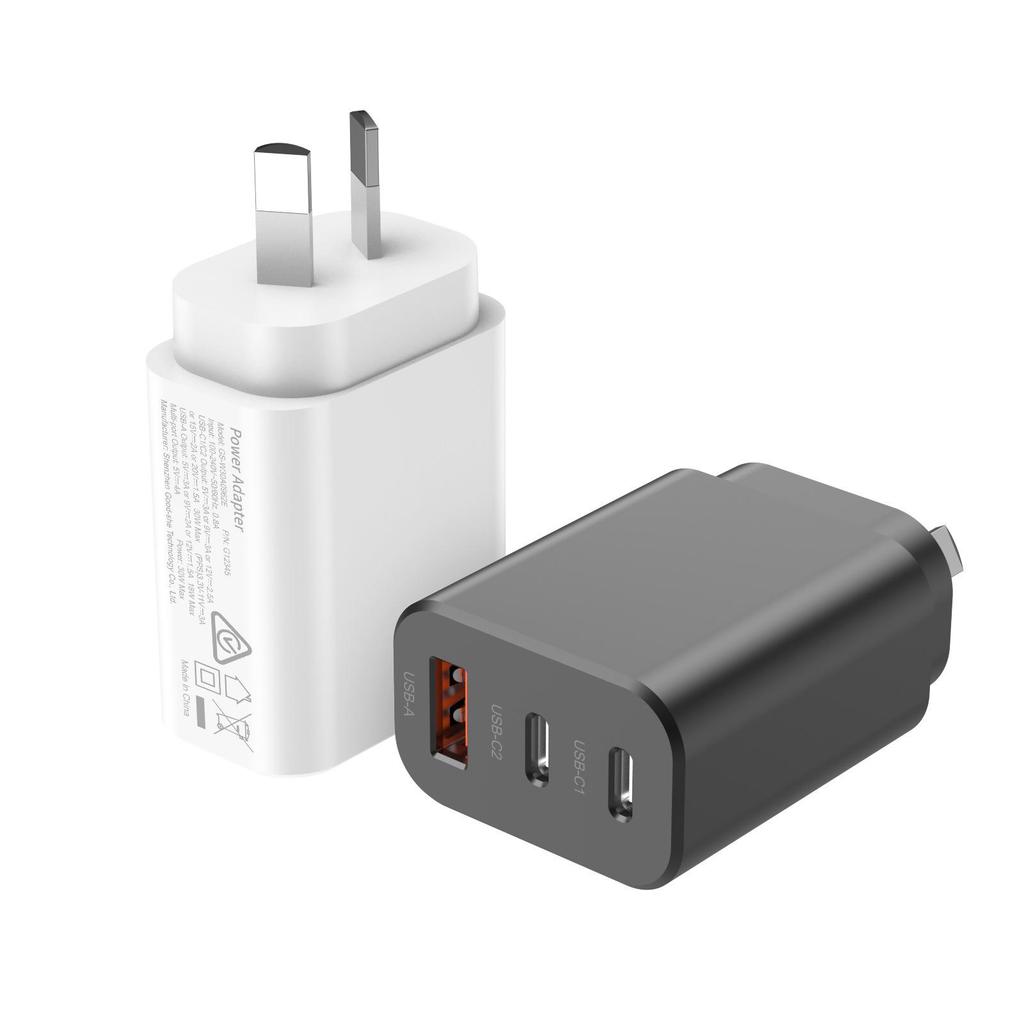 SAA-Certified 30W Charger: Dual Type-C + USB-A, QC3.0, AU Plug