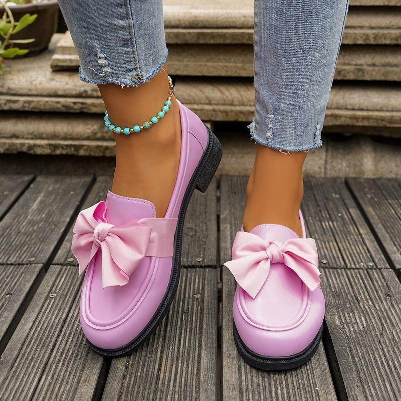 Fashion Big Bow Round Toe Deep Mouth Platform Slip Anti-Slip Wear-Resistant Square Heel Loafer Single