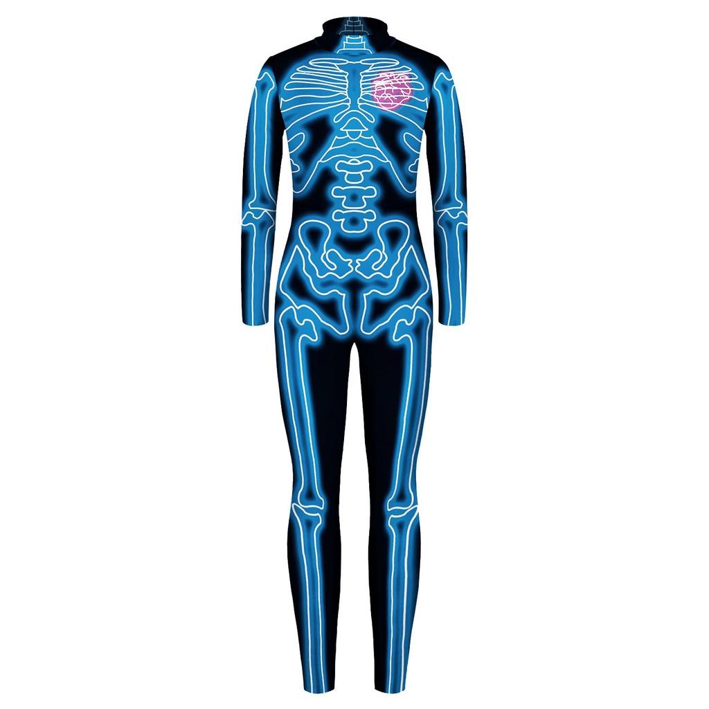 Spooky Skeleton Print Long-sleeved Jumpsuit Halloween Costume For Adults Kids