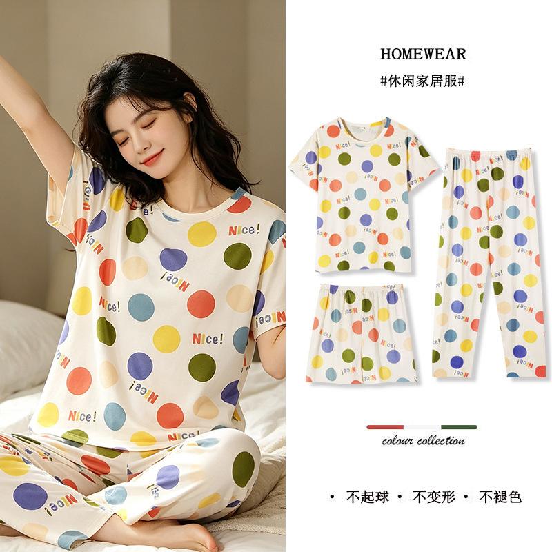 Summer Sweet Age-reducing Colored Spotted Pajamas Women's Round Neck Short-sleeved Three-piece Casual Large-size Women's Loungewear