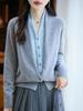 V-neck Colorblock 100% Wool Knit Cardigan - Autumn & Winter Two-Piece French Casual Sweater Coat