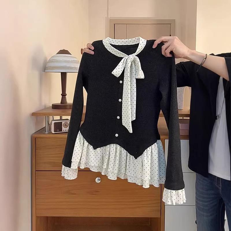 Korean Style Polka Dot V-Neck Ruffle Long Sleeve Tie-Up T-Shirt for Women - Autumn/Winter Two-Piece Look