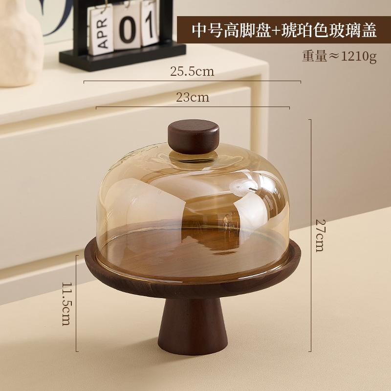 Retro Acacia Wood Tall Cake Tray with Glass Cover Wedding Dessert Table Display Rack Exquisite Afternoon Tea Dessert Tray