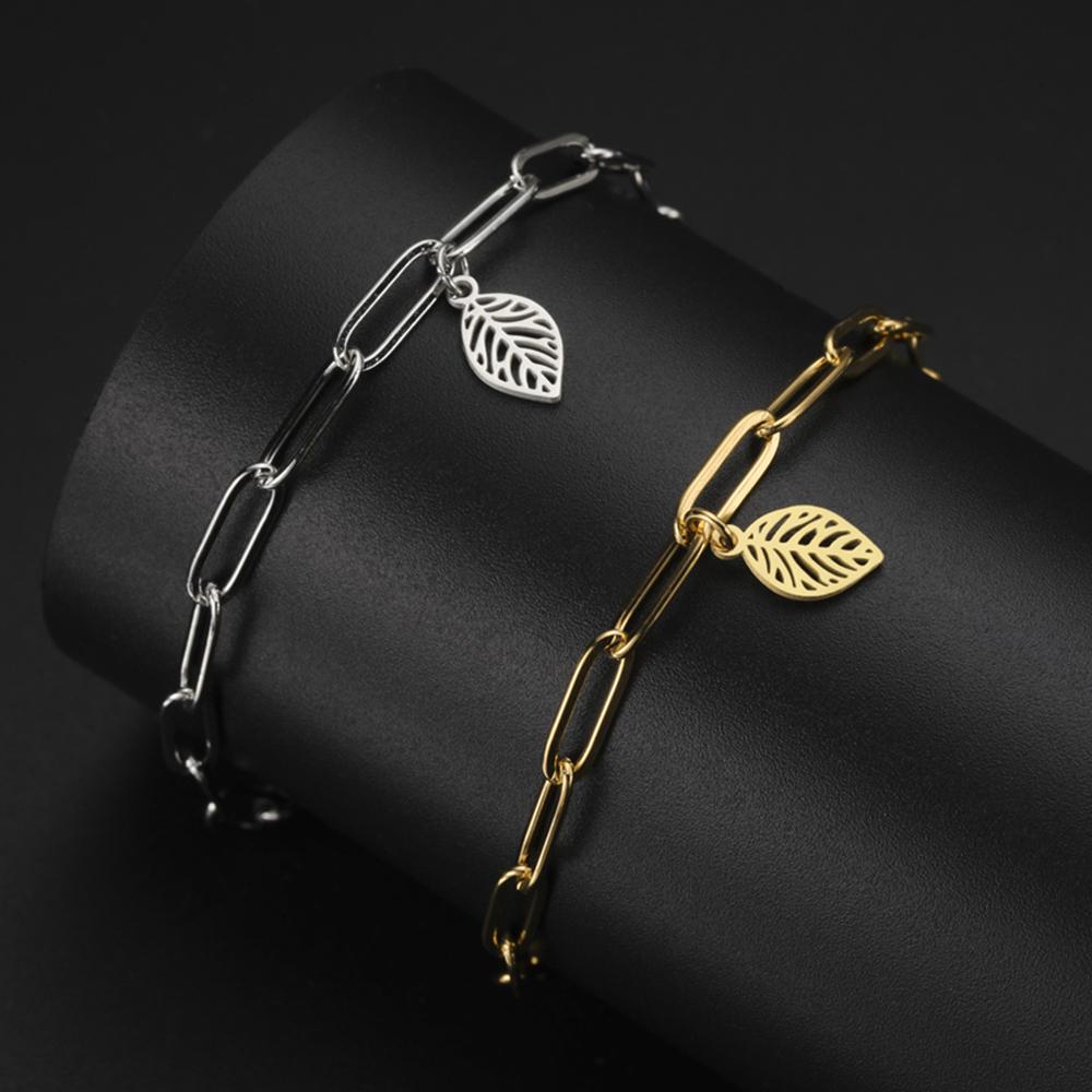 My Shape Hollow Leaves Bracelets Stainless Steel for Women Girls Gifts Plant Leaf Pendant Chain Hand Chain Bangle Summer Jewelry