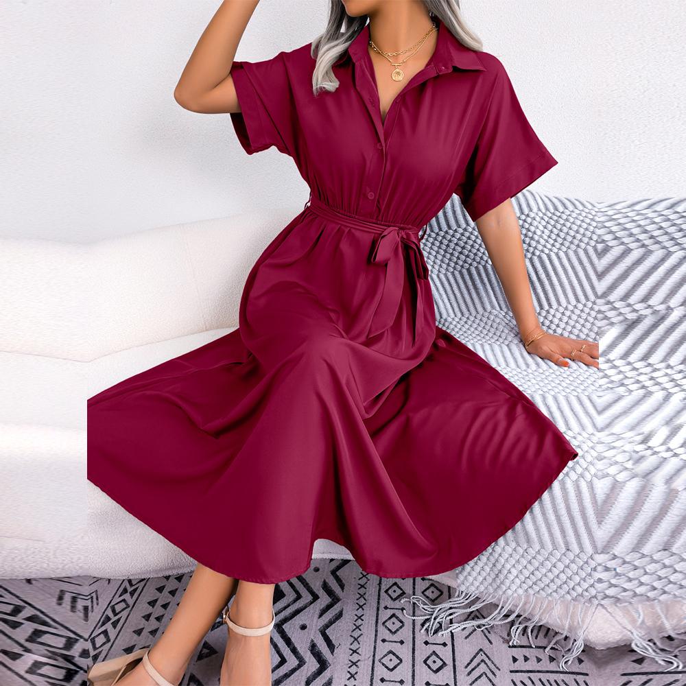 Women New Spring Summer Casual Loose Solid Color Lace Up Shirt Skirt Lapel Neck Button Dress