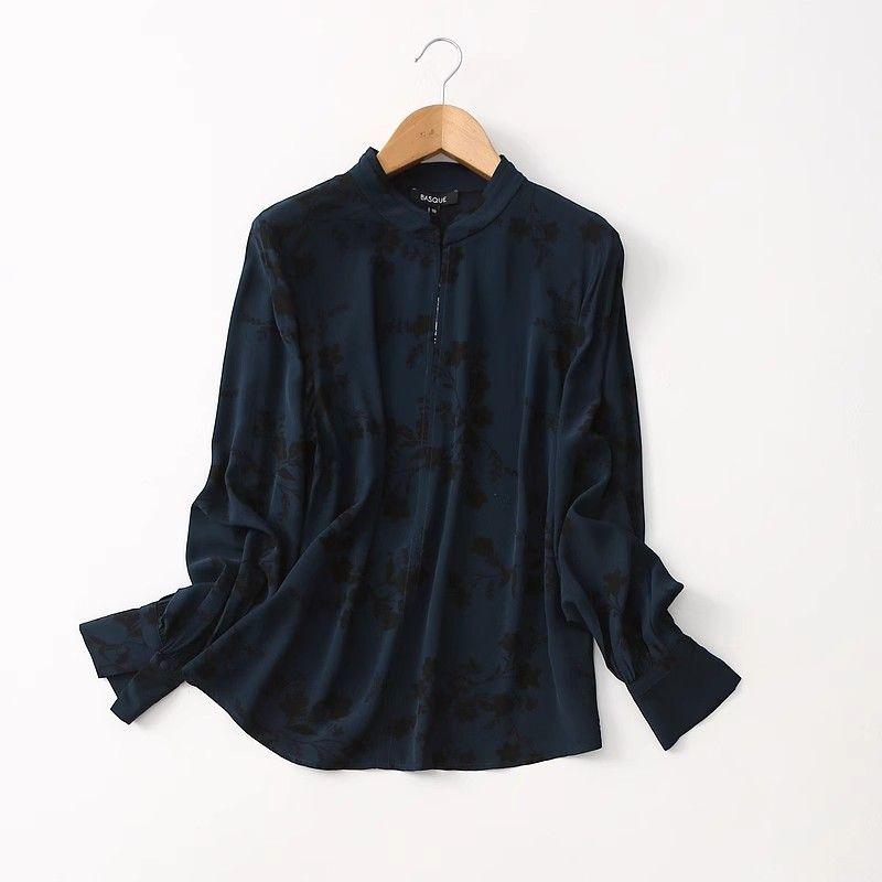 

Export Export New Chinese National Style Rayon Print Shirt Tops 2025 Stand Collar Loose Women s Long-Sleeved Shirt Dark blue 16